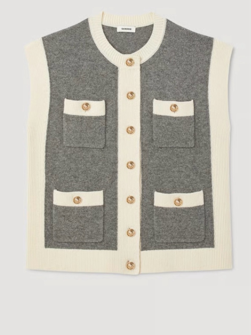 Sandro Sleeveless Colorblock Knit Cardigan Vest in Gray & Cream